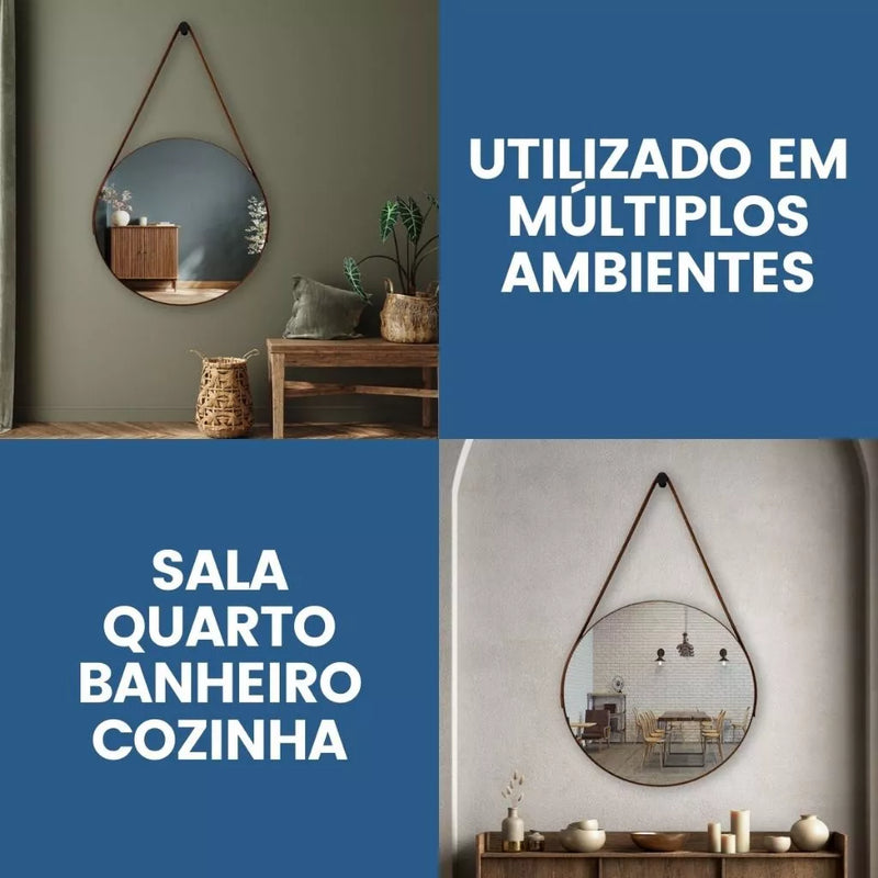 Espelho redondo com alça+suporte e pendurador ideal para sala/banheiro/quarto