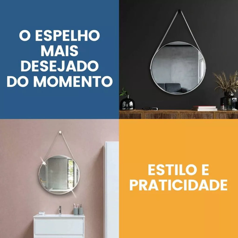 Espelho redondo com alça+suporte e pendurador ideal para sala/banheiro/quarto